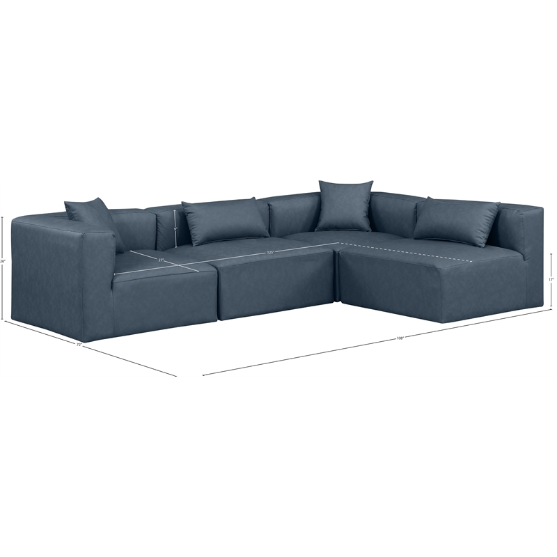Maklaine Contemporary Navy Blue Vegan Leather 4-Pc L-Shaped Modular Sectional