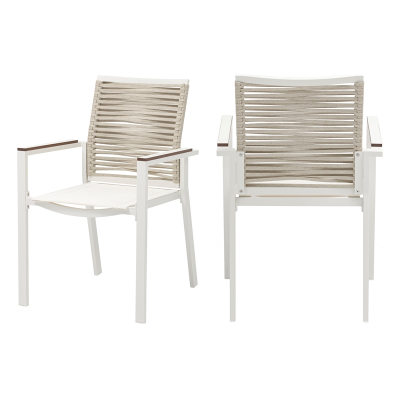 Maklaine Contemporary Cream Rope Fabric Outdoor Patio Dining Arm Chair