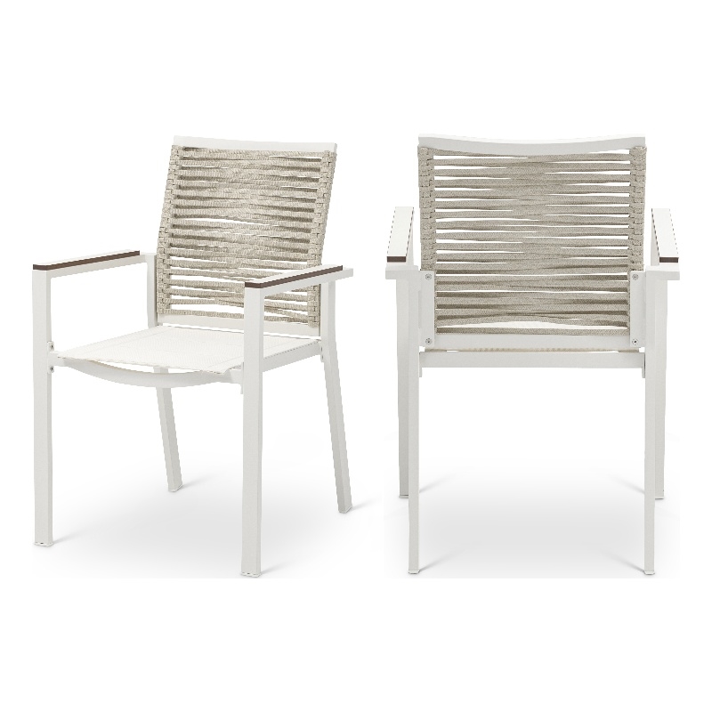 Maklaine Contemporary Cream Rope Fabric Outdoor Patio Dining Arm Chair