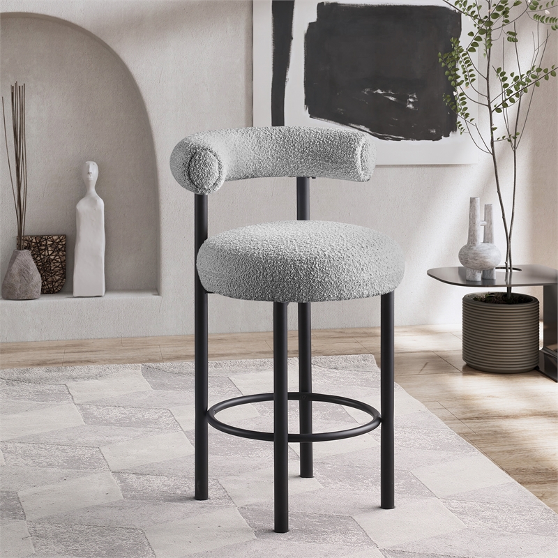 Maklaine Contemporary Iron Metal Frame Rich Gray Boucle Fabric Stool