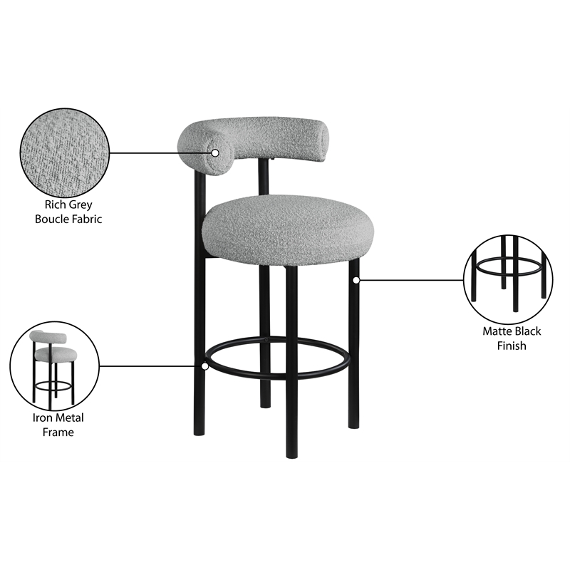 Maklaine Contemporary Iron Metal Frame Rich Gray Boucle Fabric Stool