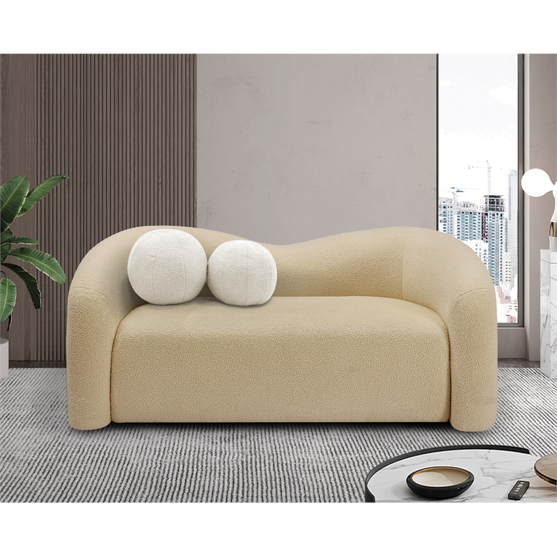 Maklaine Contemporary Beige Faux Shearling Teddy Fabric Loveseat