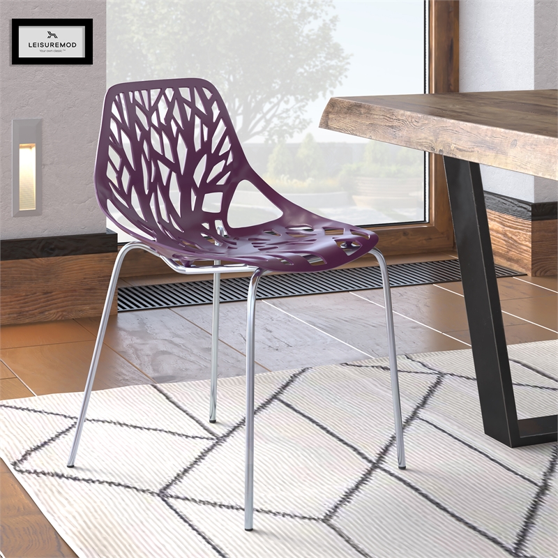 Maklaine Modern Dining Side Chair With Chromed Legs in Purple