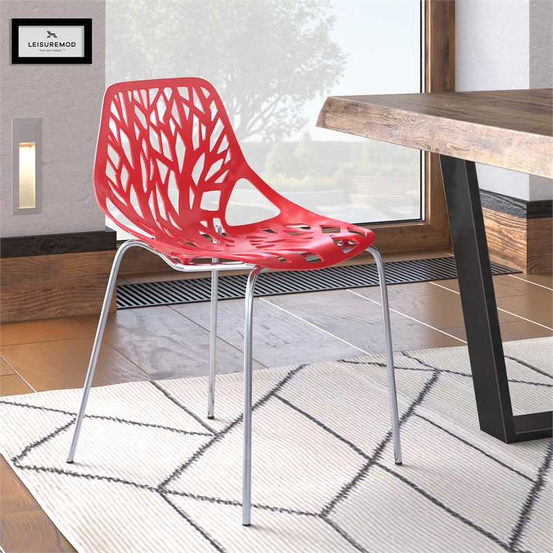 Maklaine Modern Dining Side Chair With Chromed Legs in Red Finish