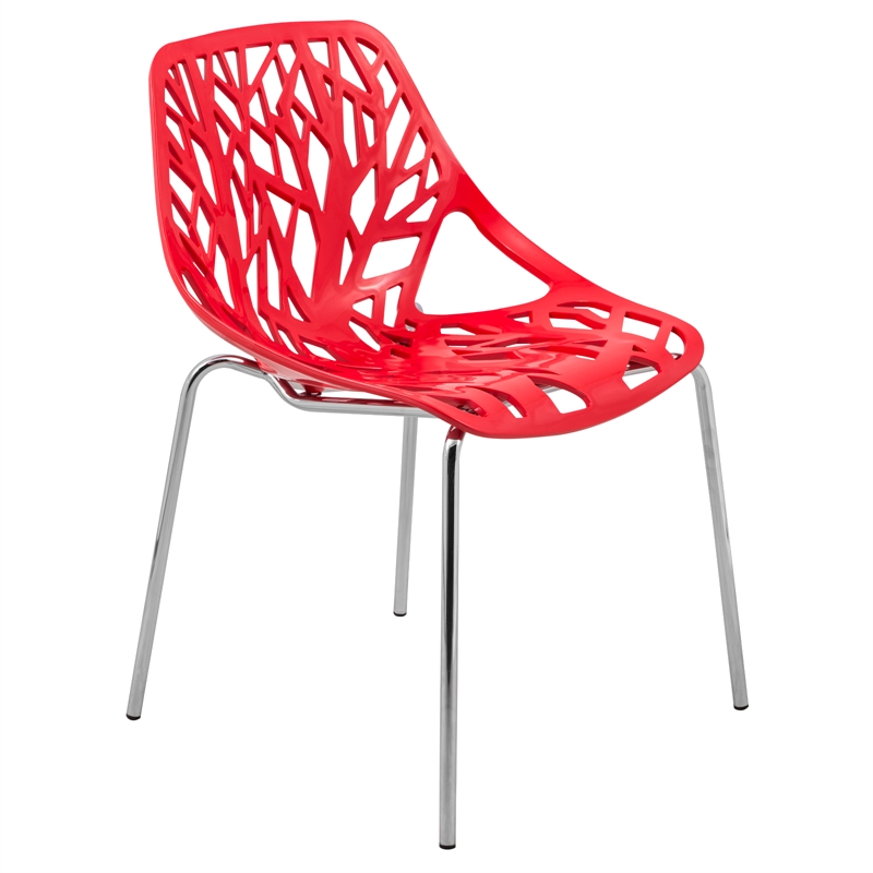 Maklaine Modern Dining Side Chair With Chromed Legs in Red Finish