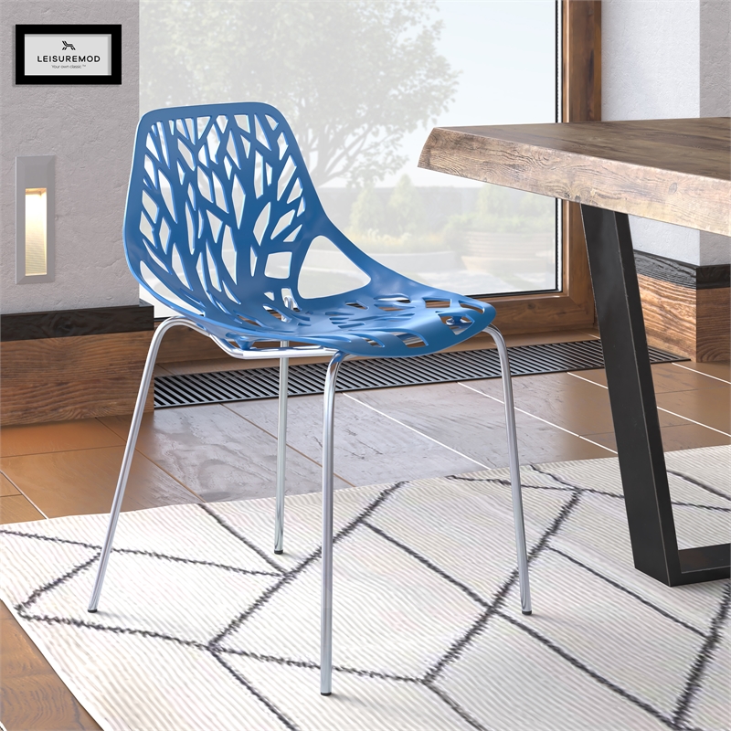 Maklaine Modern Dining Side Chair With Chromed Legs in Blue Finish