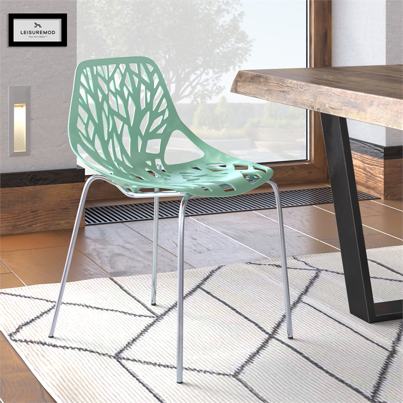 Maklaine Modern Dining Side Chair With Chromed Legs in Mint Finish