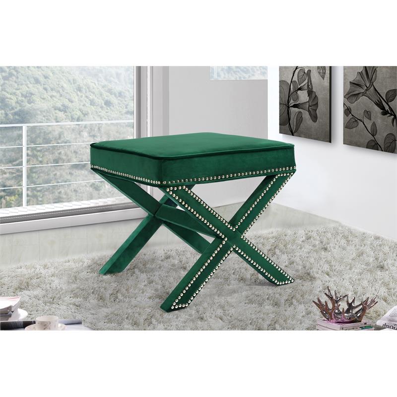 Maklaine Contemporary Velvet Ottoman / Bench in Green Finish