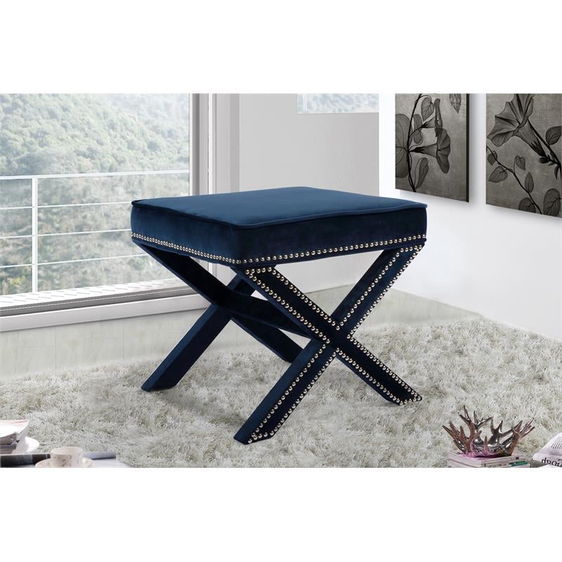 Maklaine Contemporary Upholstered Velvet Ottoman / Bench in Navy Finish