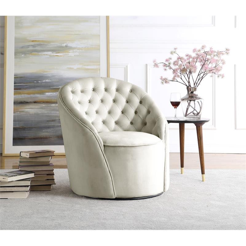 Maklaine Contemporary Upholstered Cream Velvet Swivel Accent Chair