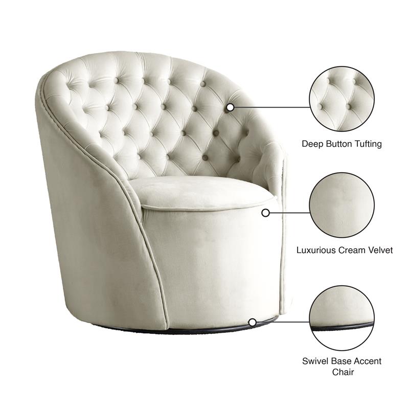 Maklaine Contemporary Upholstered Cream Velvet Swivel Accent Chair