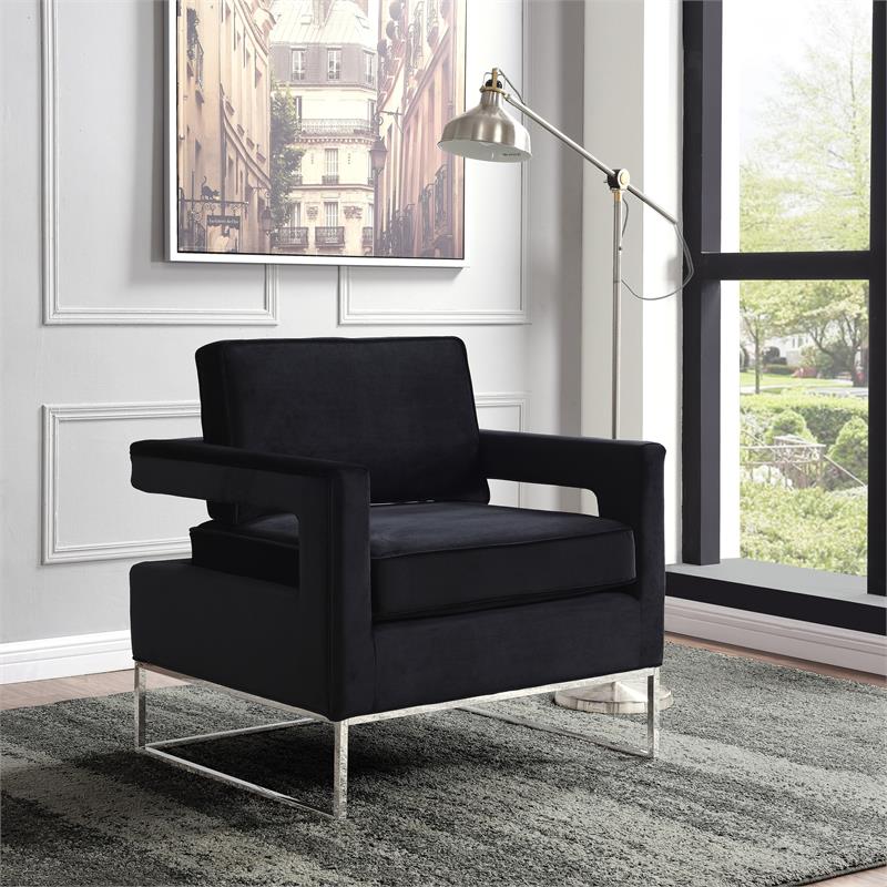 Maklaine Upholstered Black Velvet Accent Chair with Sturdy Iron Base