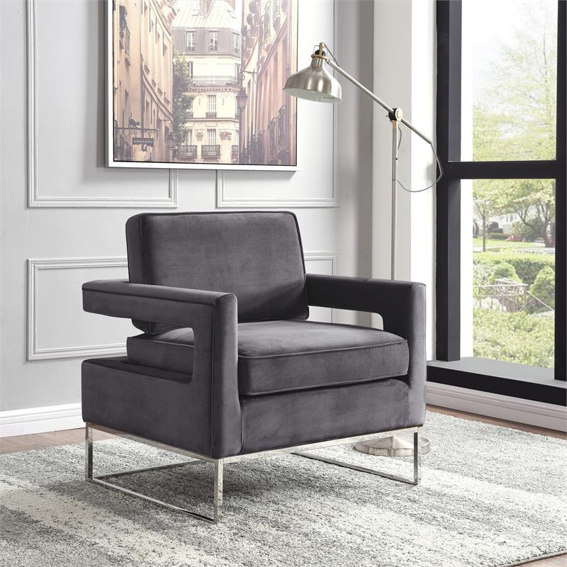 Maklaine Upholstered Gray Velvet Accent Chair with Stainless Steel Base