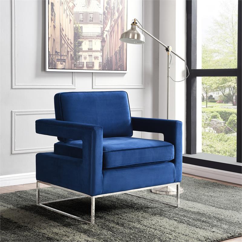 Maklaine Upholstered Navy Velvet Accent Chair with Stainless Steel Base