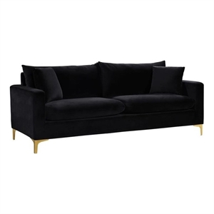 Maklaine Contemporary Upholstered Velvet Sofa in Black with Gold & Chrome Legs