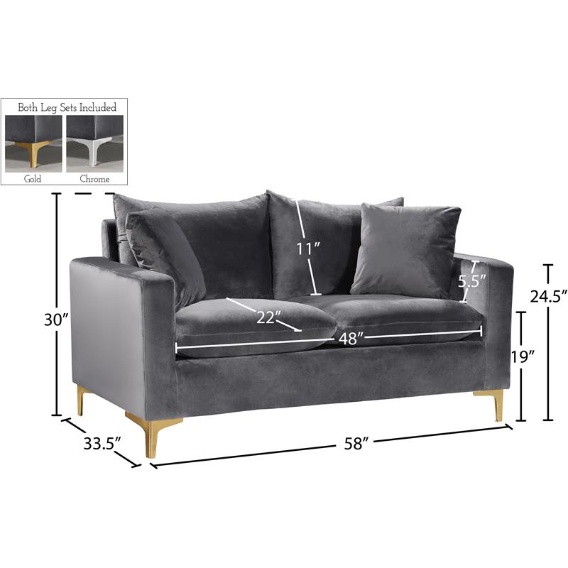 Maklaine Contemporary Upholstered Velvet Loveseat in Gray Finish