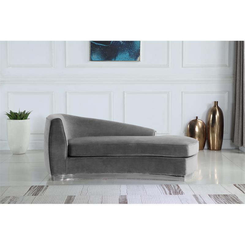Maklaine Contemporary Upholstered Gray Velvet Chaise with Stainless Steel Base