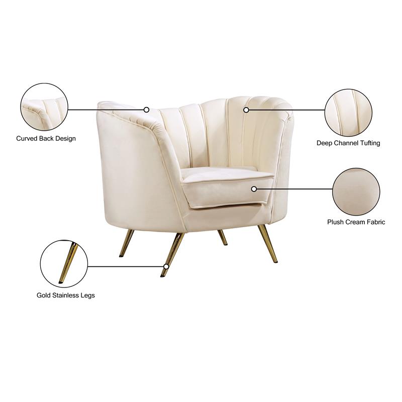 Maklaine Contemporary Upholstered Cream Velvet Chair with Stainless Steel Legs