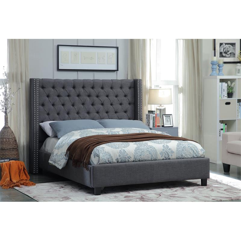 Maklaine Contemporary Solid Wood Linen Wing Back Queen Bed in Gray