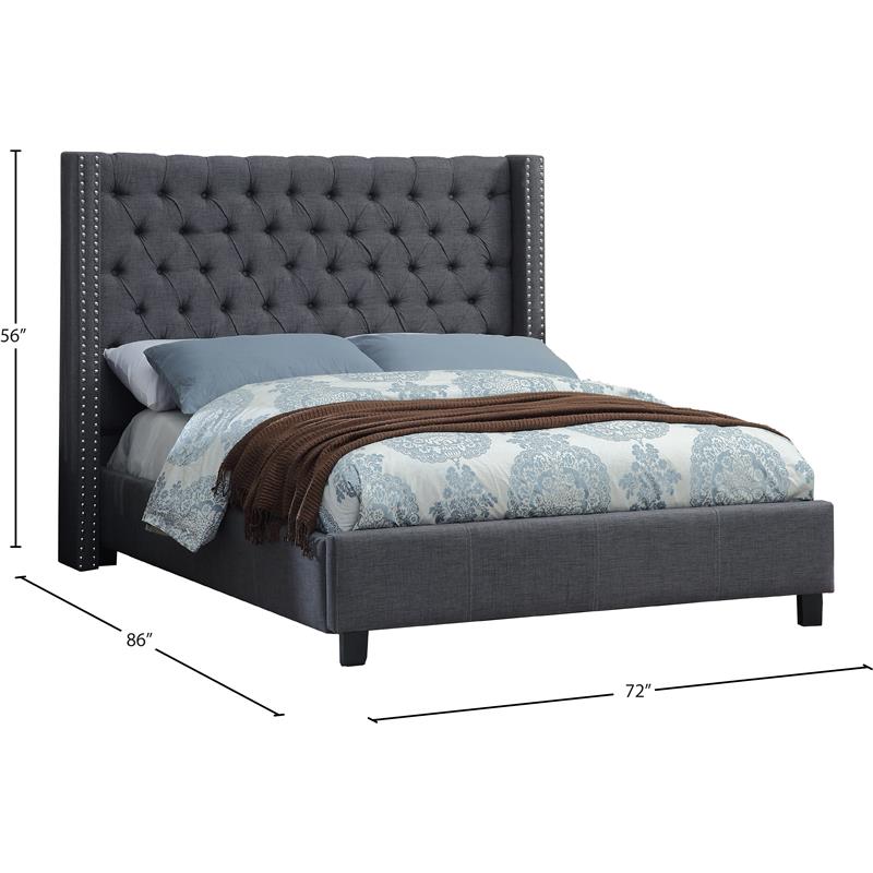 Maklaine Contemporary Solid Wood Linen Wing Back Queen Bed in Gray