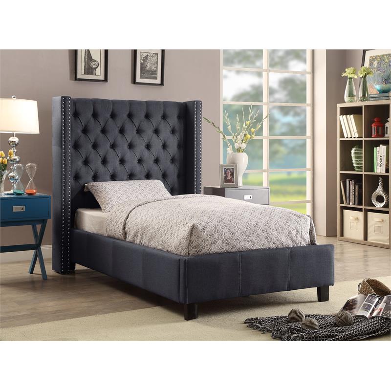 Maklaine Contemporary Solid Wood Linen Wing Back Twin Bed in Gray