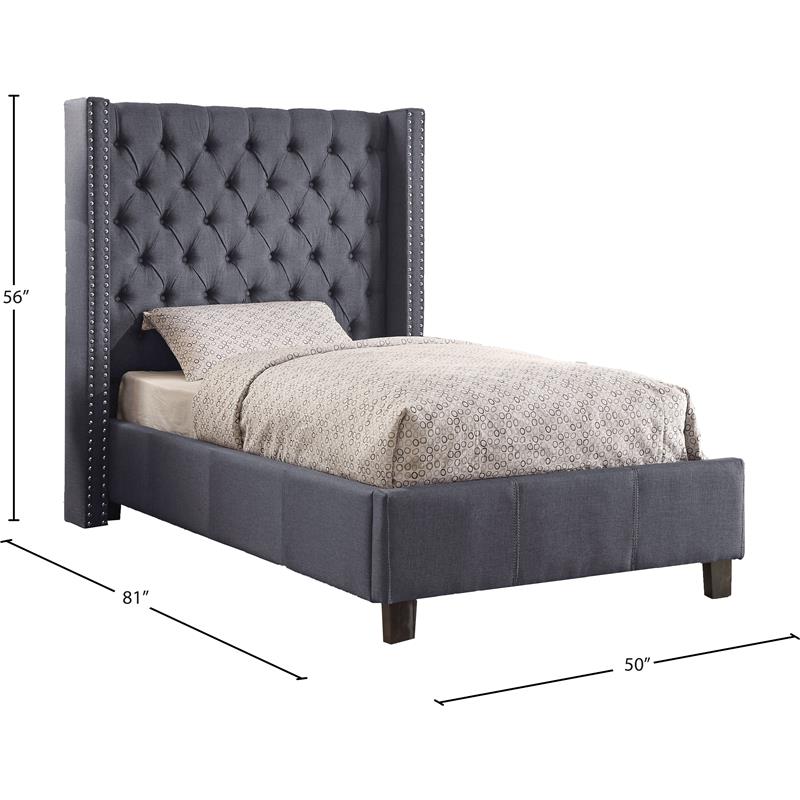 Maklaine Contemporary Solid Wood Linen Wing Back Twin Bed in Gray