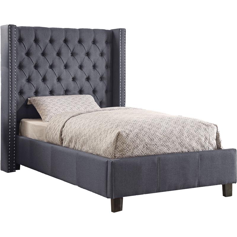 Maklaine Contemporary Solid Wood Linen Wing Back Twin Bed in Gray