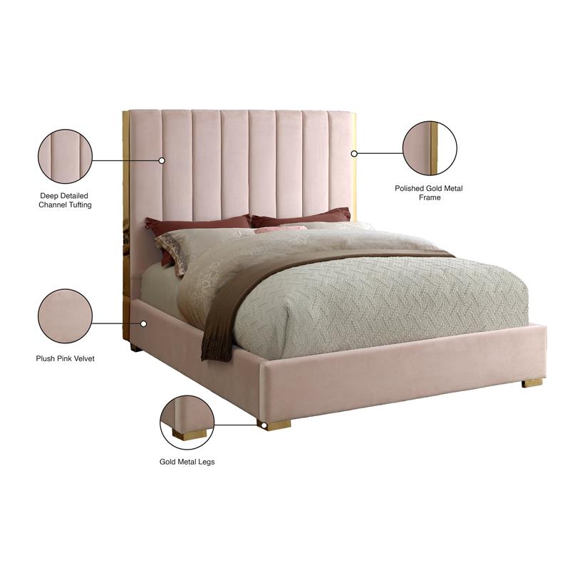 Maklaine Contemporary Metal and Velvet Full Bed in Pink Finish