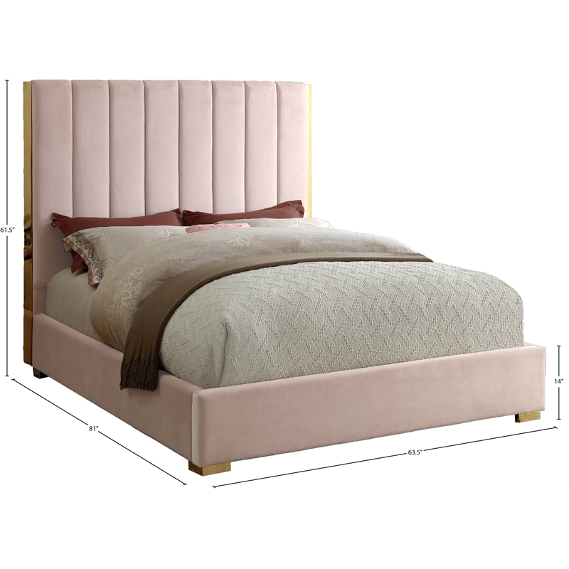 Maklaine Contemporary Metal and Velvet Full Bed in Pink Finish