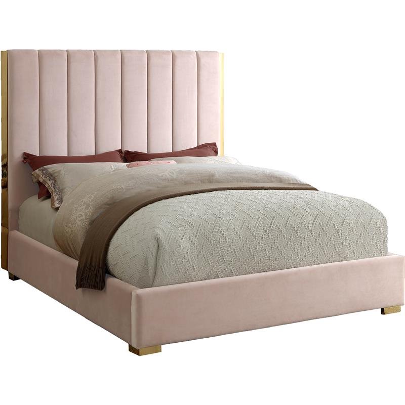 Maklaine Contemporary Metal and Velvet Full Bed in Pink Finish