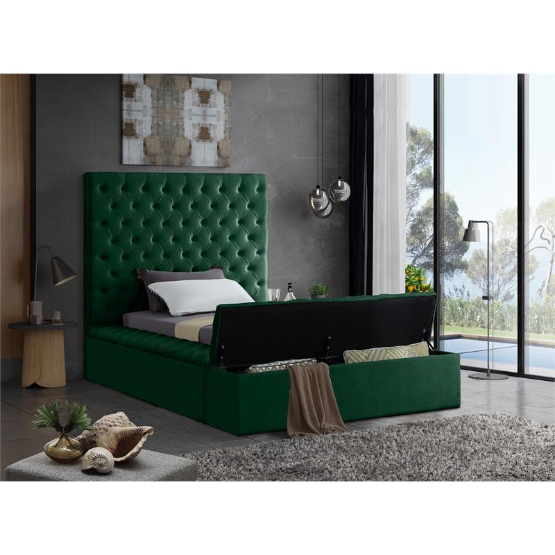 Maklaine Contemporary Solid Wood Tufted Velvet Twin Bed in Green