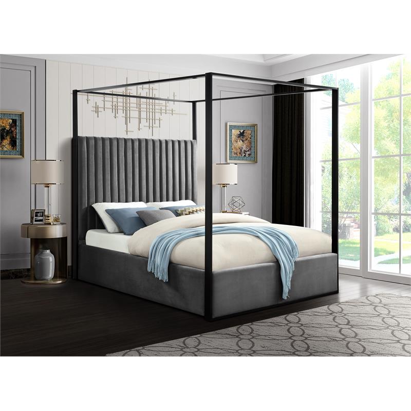 Maklaine Contemporary Solid Wood and Velvet King Bed in Gray
