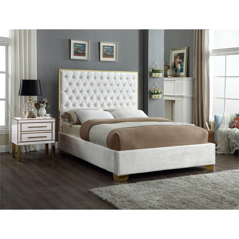 Maklaine Contemporary Solid Wood and Velvet Full Bed in White