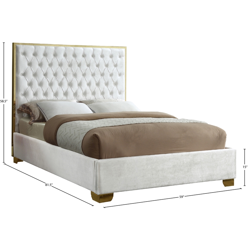 Maklaine Contemporary Solid Wood and Velvet Full Bed in White