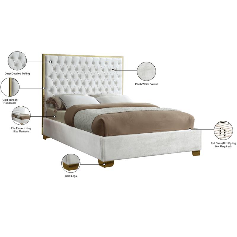Maklaine Contemporary Solid Wood and Velvet King Bed in White