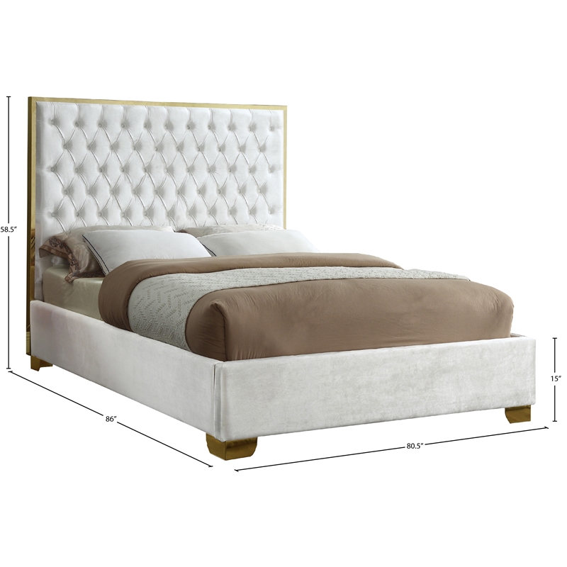 Maklaine Contemporary Solid Wood and Velvet King Bed in White