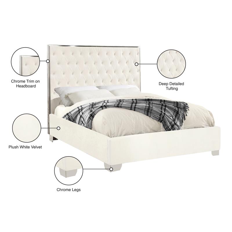 Maklaine Contemporary Solid Wood and Velvet Queen Bed in White
