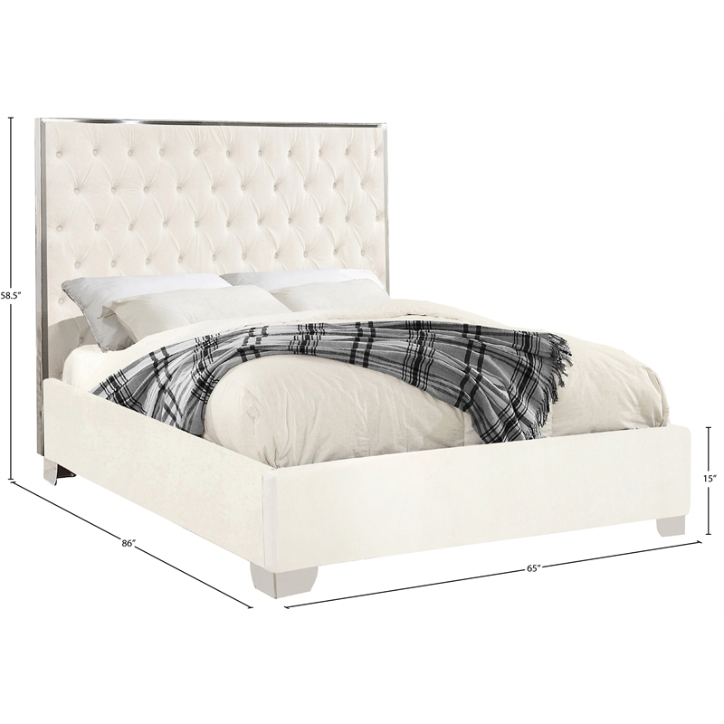 Maklaine Contemporary Solid Wood and Velvet Queen Bed in White