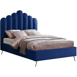 Maklaine Modern Solid Wood and Tufted Velvet Full Bed in Navy