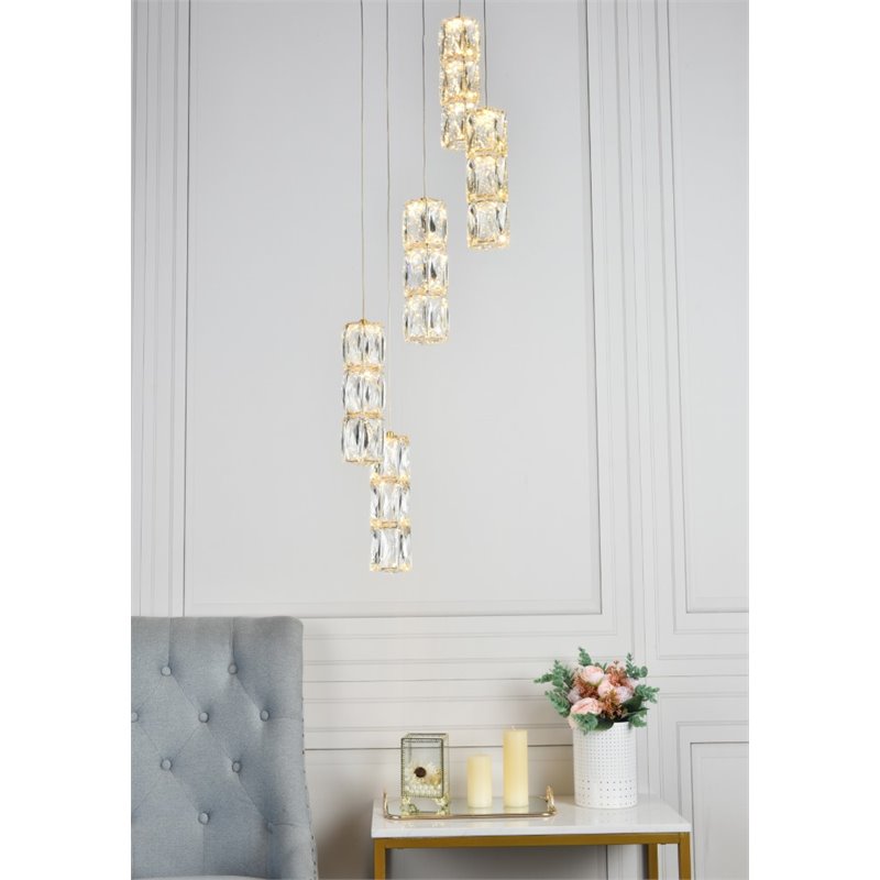 Maklaine Modern 5 Light Royal Cut Crystal LED Pendant in Gold