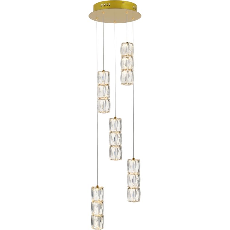 Maklaine Modern 5 Light Royal Cut Crystal LED Pendant in Gold
