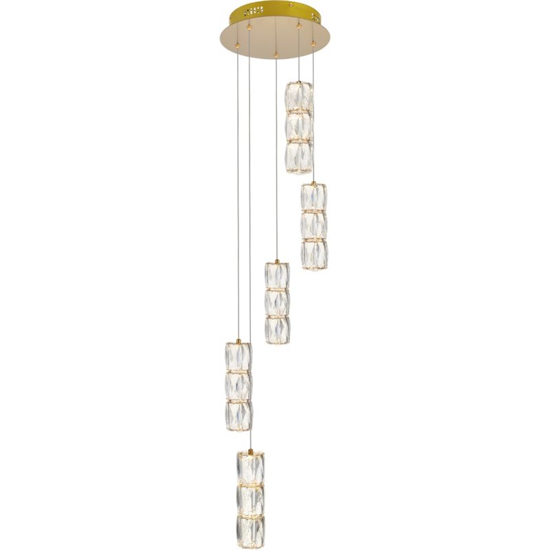 Maklaine Modern 5 Light Royal Cut Crystal LED Pendant in Gold