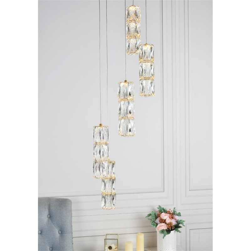 Maklaine Modern 5 Light Royal Cut Crystal LED Pendant in Gold