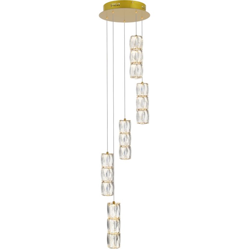 Maklaine Modern 5 Light Royal Cut Crystal LED Pendant in Gold