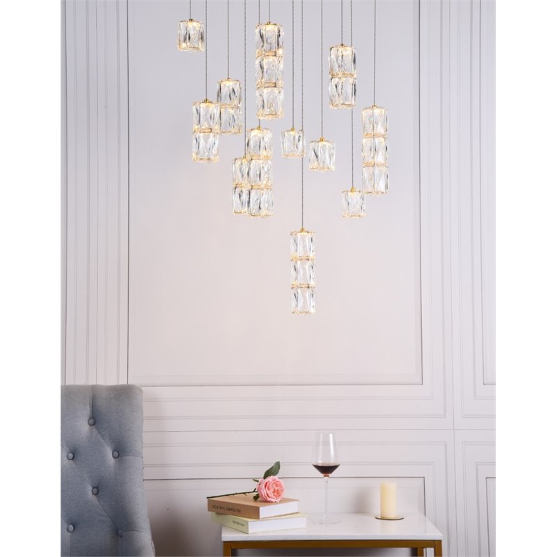 Maklaine Modern 12 Light Royal Cut Crystal LED Pendant in Gold