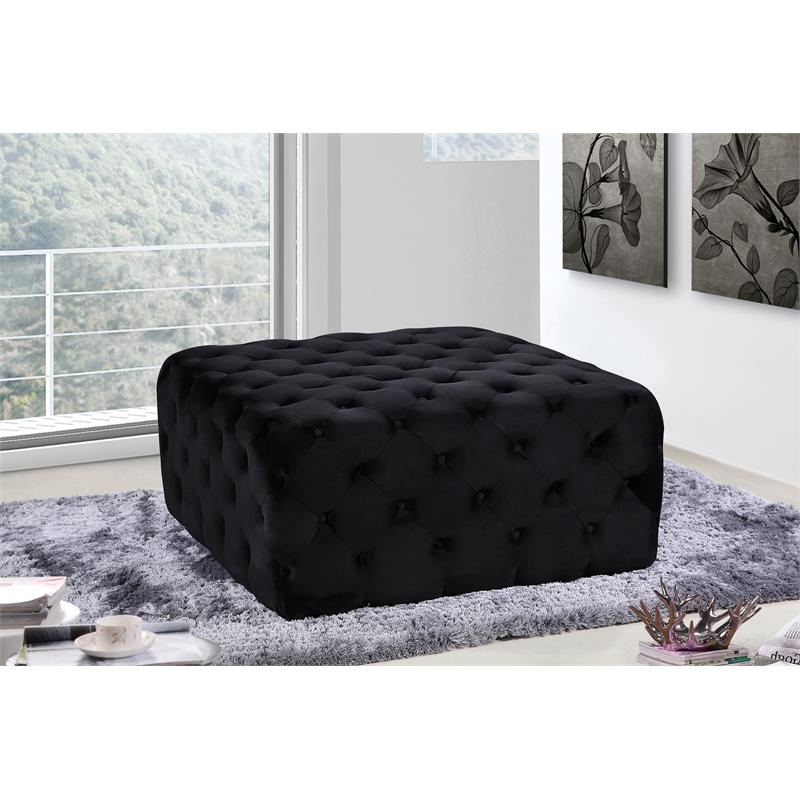 Maklaine Modern Button Tufted Black Velvet Ottoman and Bench