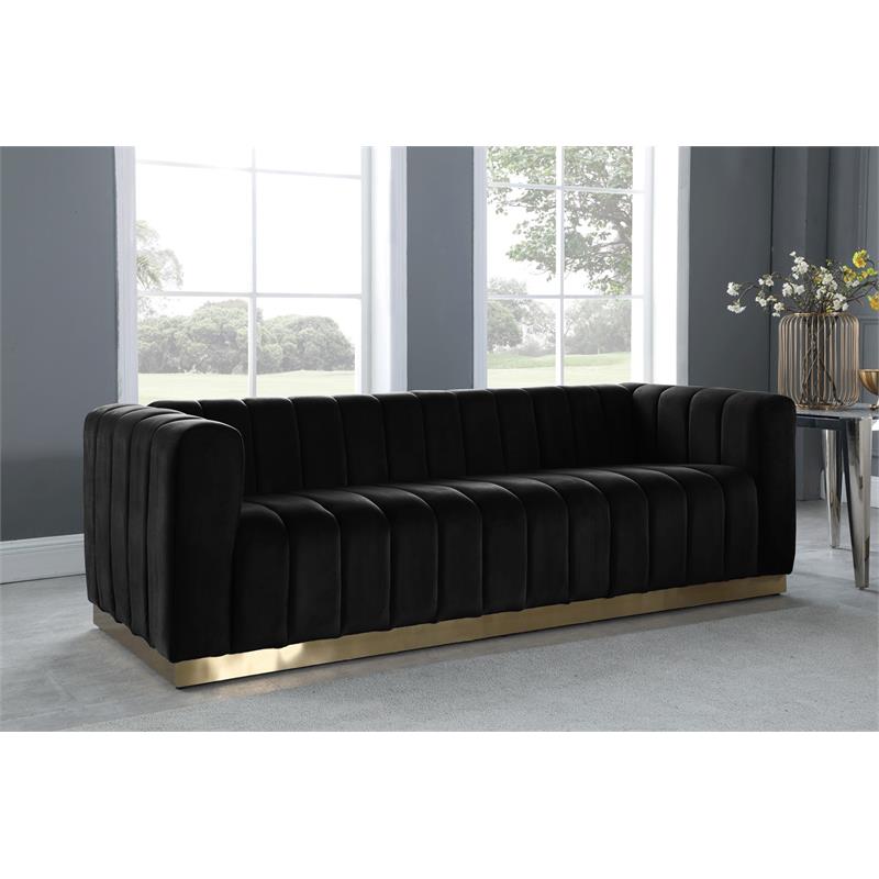 Maklaine Contemporary Upholstered Black Velvet Sofa with Stainless Steel Base