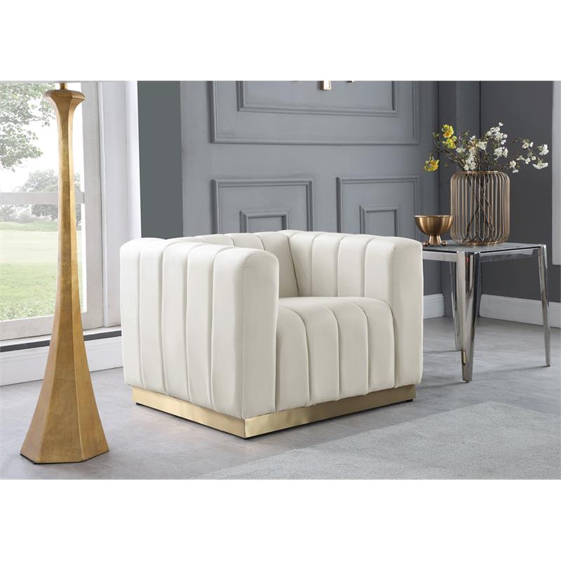 Maklaine Contemporary Upholstered Cream Velvet Chair with Stainless Steel Base