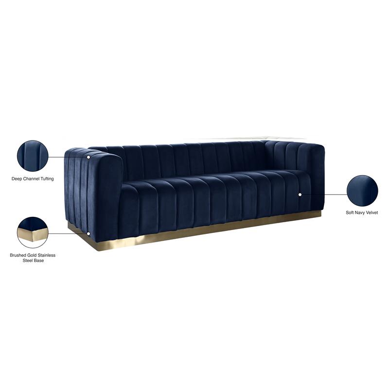 Maklaine Contemporary Deep Channel Tufted Upholstered Navy Velvet Sofa