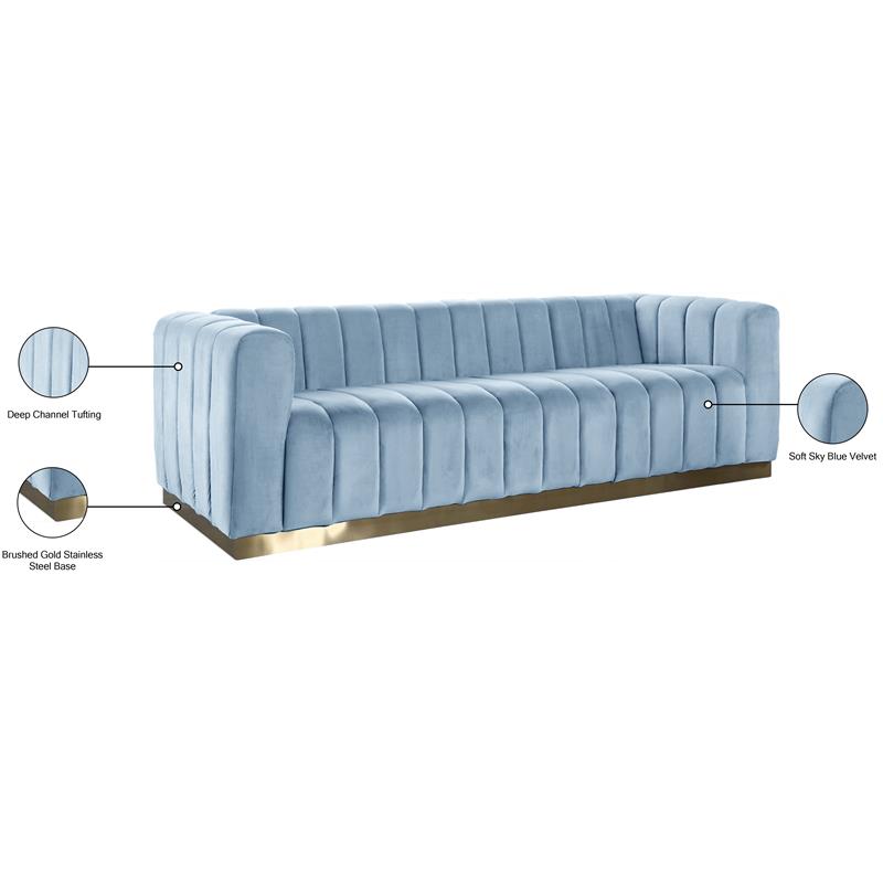 Maklaine Contemporary Sky Blue Velvet Sofa with Stainless Steel Base